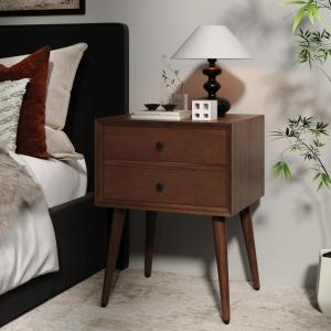 Christopher Knight Home Pine Wood+MDF Nightstand Side Table, Accent Bedside End Table, Storage with 2 Drawers, Mid-Century Nightstand with Pine Wood Leg for Bedroom Dorm and Small Space, Brown(Brown)