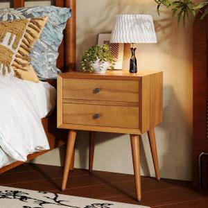 Christopher Knight Home Pine Wood+MDF Nightstand Side Table, Accent Bedside End Table, Storage with 2 Drawers, Mid-Century Nightstand with Pine Wood Leg for Bedroom Dorm and Small Space, Brown(Natural Brown)