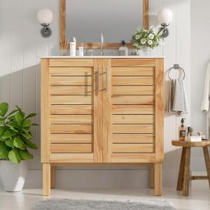 Christopher Knight Home Pitney 30″ Bathroom Vanity with Ceramic Sink, Freestanding Bathroom Vanity Organzier, Soft Close Door Wooden Storage Cabinet, Pedestal Sink Storage Cabinet, Antique Brown(Natural)