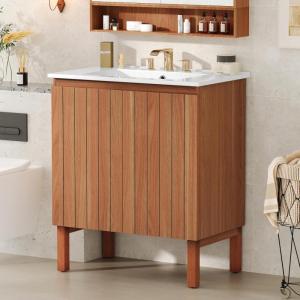Christopher Knight Home Pitney 30″ Bathroom Vanity with Ceramic Sink, Freestanding Bathroom Vanity Organzier, Soft Close Door Wooden Storage Cabinet, Pedestal Sink Storage Cabinet, Antique Brown(Natural Brown)