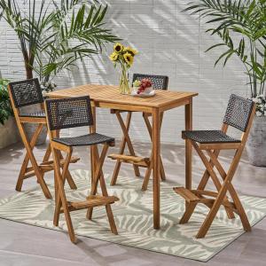 Christopher Knight Home Polaris Outdoor Acacia Wood and Wicker 5 Piece Rectangular Bar Set, 15 “W x 22 “D x 41.75 “H, Teak + Brown