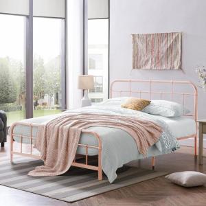 Christopher Knight Home Rando Metal Queen Bed Frame No Box Spring Needed, Sturdy Platform Bed Frame Queen Size with Curved Headboard/Footboard, Iron Bed Support and Slats, Easy Assembly, Blue(Pink)