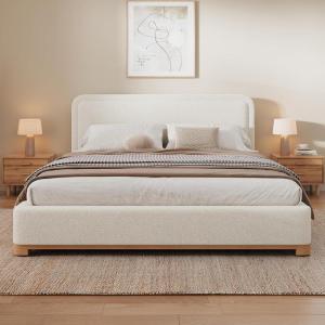 Christopher Knight Home Robey King Size Platform Bed Frame, Boucle Fabric King Size Bed Frame and Headboard, Modern King Bed Set, Wooden Slat Support, No Box Spring Needed, Easy Assembly, White(White)