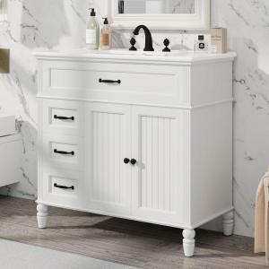 Christopher Knight Home Sansa 36″ Bathroom Vanity with Ceramic Sink, Storage Cabinet, 2 Doors with Hinges, 2 Drawers, Acacia Wood Legs & MDF Wood Frame, Space-Saving Furniture, Open Back, Black(White)