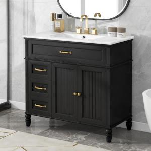 Christopher Knight Home Sansa 36″ Bathroom Vanity with Ceramic Sink, Storage Cabinet, 2 Doors with Hinges, 2 Drawers, Acacia Wood Legs & MDF Wood Frame, Space-Saving Furniture, Open Back, Black(Black)