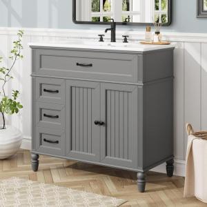 Christopher Knight Home Sansa 36″ Bathroom Vanity with Ceramic Sink, Storage Cabinet, 2 Doors with Hinges, 2 Drawers, Acacia Wood Legs & MDF Wood Frame, Space-Saving Furniture, Open Back, Black(Dark Grey)