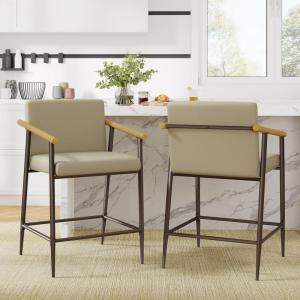 Christopher Knight Home Set of 2 Bever Mid-Century Modern Counter Height Bar Stools, Iron Frame Kitchen Stools, Fabric Upholstered Side Chair with Wooden Armrest and Footrest, Beige+Black+Light Brown(Khaki+black+light Brown)