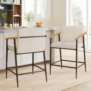 Christopher Knight Home Set of 2 Bever Mid-Century Modern Counter Height Bar Stools, Iron Frame Kitchen Stools, Fabric Upholstered Side Chair with Wooden Armrest and Footrest, Beige+Black+Light Brown(Beige+black+light Brown)