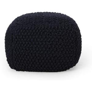 Christopher Knight Home Teresa Knitted Cotton Square Pouf, Light Grey(Dark Blue)