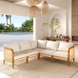 Christopher Knight Home Tilden Acacia Wood V-Shaped Outdoor Sofa with Removable Cushion, Wicker Patio Modular Sectional Sofa for 5 Seaters, Modular Sofa Couch for Poolside, Garden, Backyard,Teak+Beige