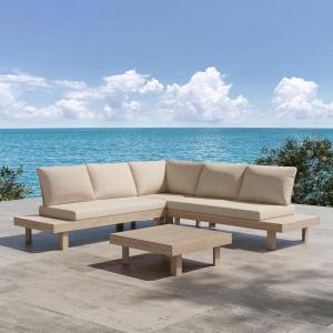Christopher Knight Home Topia V-Shape Acacia Wood Outdoor Sofa and Coffee Table Set, Wooden Patio Conversation Set with Cushion, Outdoor Modular Sofa Couch with Coffee Table, Light White+Beige
