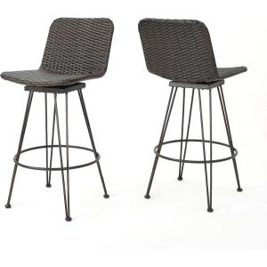 Christopher Knight Home Torrey Outdoor Wicker Barstools with Iron Frame, 2-Pcs Set, Multibrown / Black Copper