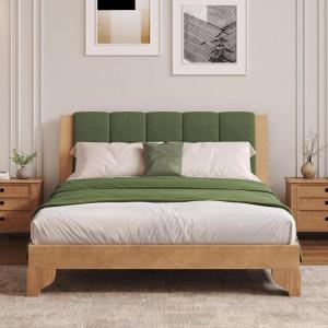 Christopher Knight Home Trisie Mid-Century Modern King Size Bed Frame and Headboard, Solid Wood King Platform Bed Frame with Upholstered Headboard, No Box Spring Needed, Easy Assembly, Walnut Brown(Natural)