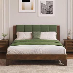 Christopher Knight Home Trisie Mid-Century Modern King Size Bed Frame and Headboard, Solid Wood King Platform Bed Frame with Upholstered Headboard, No Box Spring Needed, Easy Assembly, Walnut Brown(Walnut Brown)