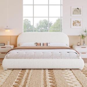 Christopher Knight Home Umti King Bed Frame and Headboard, Velvet Fabric Upholstered King Size Bed Frame, Curve-Shaped Design Headboards, Modern Design Bed Set, Easy Assembly, Heavy Duty, Green(Cream)