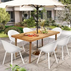 Christopher Knight Home Vales 7-Piece Patio Dining Table Sets with Umbrella Hole, 63” Table and Chairs Set for 6 People, Acacia Wood Table Plastic Chairs for Lawn Backyard Garden Deck, Black+Teak(White+teak)