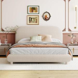 Christopher Knight Home Veatch Boucle Bed Frame, Queen Size Bed, Upholstered Teddy Fleece Headboard, Soft Bed Queen, Curve-Shaped Design Headboard, Wood Slat Platform Bed, Easy Assembly, Beige(Full)