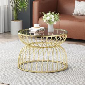 Christopher Knight Home Vevia 15.75″ Metal Frame End Table, Hourglass Accent Side Table, Round Glass Top, Chic Home Decoration, Small Coffee Cornor Tables for Living Room Bedroom, Black+Gold(Golden)