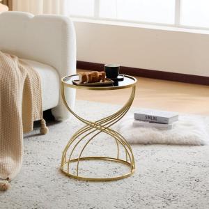Christopher Knight Home Vevia 15.75″ Metal Frame End Table, Hourglass Accent Side Table, Round Glass Top, Chic Home Decoration, Small Coffee Cornor Tables for Living Room Bedroom, Black+Gold(Black+gold)