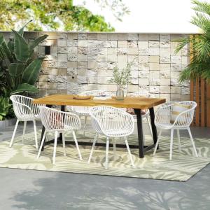 Christopher Knight Home Virellt 7 Pieces Outdoor Dining Set, 70.75″ Patio Table and Chairs Set for 6 People, Plastic Chairs and Acacia Wood Dining Set for Lawn Backyard Garden Deck, Black+Teak(White+teak)