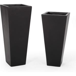 Christopher Knight Home Warner Outdoor Modern Large and Medium Cast Stone Planter Set, Black(Black)