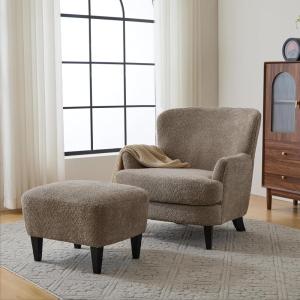 Christopher Knight Home Winnie Accent Chair and Ottoman Set, Living Room/Bedroom Wooden Comfy Reading Chair with Footrest Stool, Boucle Upholstered Wingback Single Sofa, Brown(Brown)
