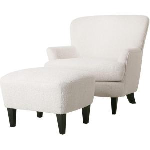 Christopher Knight Home Winnie Accent Chair and Ottoman Set, Living Room/Bedroom Wooden Comfy Reading Chair with Footrest Stool, Boucle Upholstered Wingback Single Sofa, Brown(Almond+matte Black)