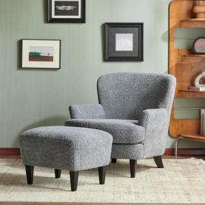 Christopher Knight Home Winnie Accent Chair and Ottoman Set, Living Room/Bedroom Wooden Comfy Reading Chair with Footrest Stool, Boucle Upholstered Wingback Single Sofa, Brown(Dusty Blue)