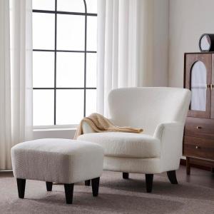 Christopher Knight Home Winnie Accent Chair and Ottoman Set, Living Room/Bedroom Wooden Comfy Reading Chair with Footrest Stool, Boucle Upholstered Wingback Single Sofa, Brown(White+brown)