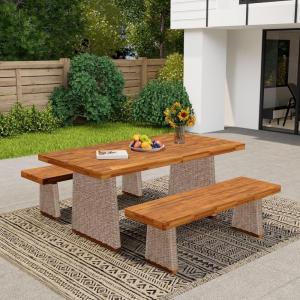 Christopher Knight Home Xavi Patio Acacia Wood Dining Set, Outdoor Side Table and Chairs Set with Slatted Panel Design and Handwoven Rattan Legs, Outdoor Furniture Set for Garden, 3 pcs, Brown + Teak(Brown + Teak/ 1 Table + 2 Chairs)