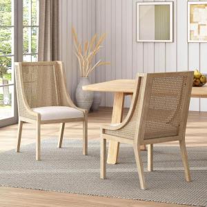 Christopher Knight Home Yone Dining Chairs Set of 2, Modern Dining Chair with Fabric Upholstery, Rubberwood Frame Kitchen Chairs with Cane Webbing, Extra Seat for Dining Room, Beige + Brown(Beige + Natural Brown)