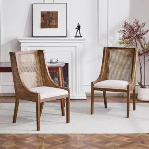 Christopher Knight Home Yone Dining Chairs Set of 2, Modern Dining Chair with Fabric Upholstery, Rubberwood Frame Kitchen Chairs with Cane Webbing, Extra Seat for Dining Room, Beige + Brown(Beige + Brown)