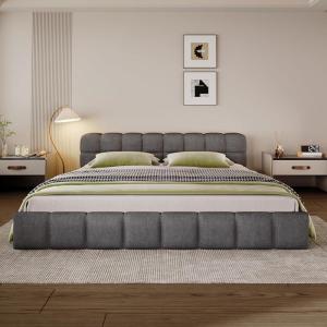 Christopher Knight Home Yonix Modern Queen Size Bed Frame with Upholstered Headboard, Chenille Upholstered Platform Bed Frame Queen, Wooden Slat Panel Support, No Spring Box Needed,Easy Assembly,Gray(King (U.S. Standard))