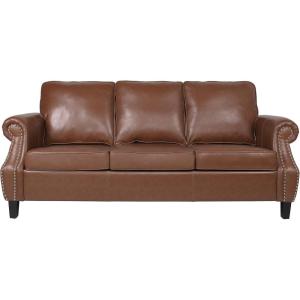Dowd 3 Seater Sofa with Nailhead Trim – Faux Leather – Dark Brown(Cognac Brown + Dark Brown)