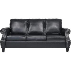 Dowd 3 Seater Sofa with Nailhead Trim – Faux Leather – Dark Brown(Midnight Black + Dark Brown)