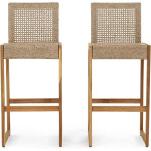 Elon Outdoor Barstools – Wicker and Acacia Wood – Light Multi-Brown/Teak (Set of 2)