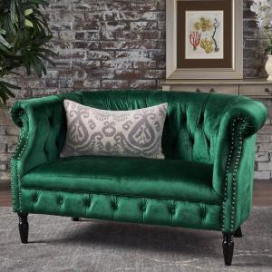 GDFStudio Melaina Tufted Chesterfield Velvet Loveseat with Scrolled Arms, Emerald and Dark Brown.(Loveseat)