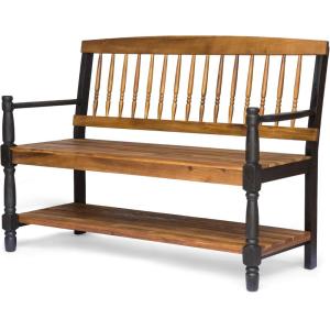 Great Deal Furniture Christopher Knight Home Daphne Outdoor Acacia Wood Bench with Shelf, Teak and Black Finish