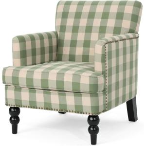 Great Deal Furniture Eve Tufted Fabric Club Chair, Green Checkerboard, 32D x 28.75W x 34.5H in(Green Checkerboard  Dark Brown)