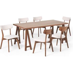 Rachel Mid-Century Modern 7 Piece Dining Set with A-Frame Table, Light Beige and Walnut(Light Beige + Walnut)