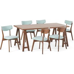 Rachel Mid-Century Modern 7 Piece Dining Set with A-Frame Table, Light Beige and Walnut(Mint + Walnut)