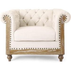 VOLL Tufted Club Chair with Nailhead Trim – Beige/Dark Brown(Beige + Dark Brown)