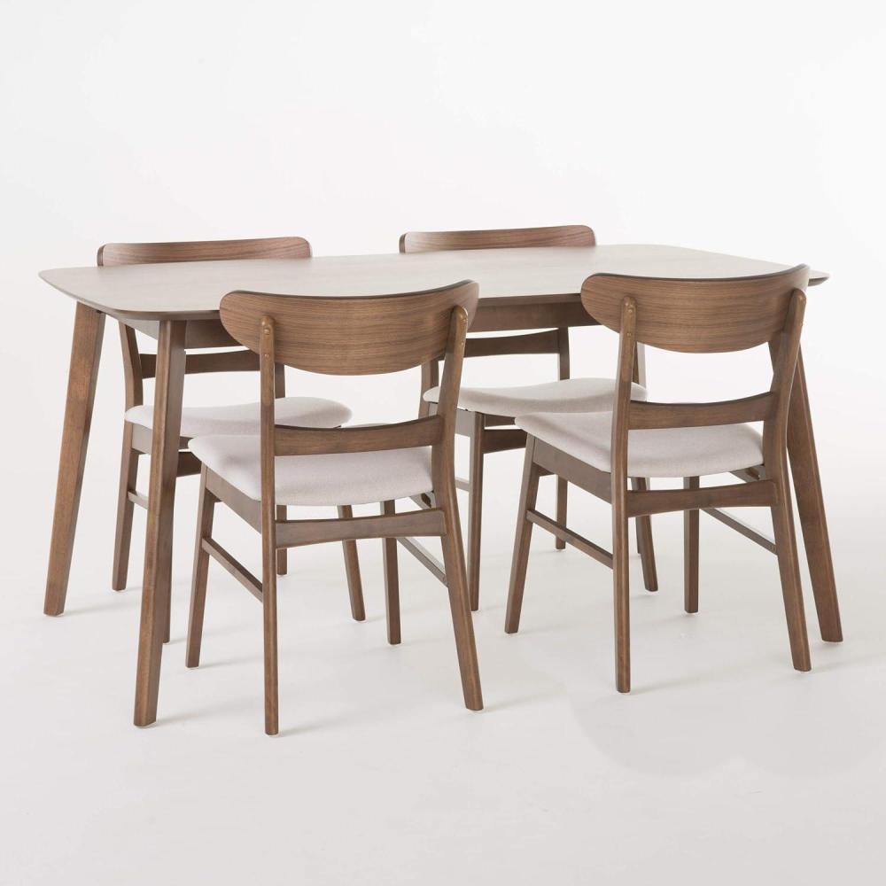 imageChristopher Knight Home Idalia 50quot Rectangular Dining Set 5Pcs Set Natural Walnut  Light BeigeLight Beige  Walnut