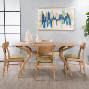 Christopher Knight Home Anise Curved Leg Rectangular Dining Set, 5-Pcs Set, Green Tea Fabric / Natural Oak Finish
