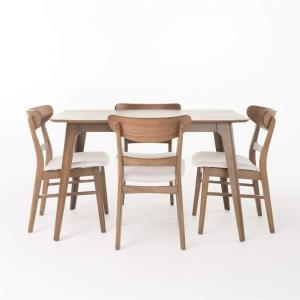 Christopher Knight Home Idalia 50″ Rectangular Dining Set, 5-Pcs Set, Natural Walnut / Light Beige(Light Beige)