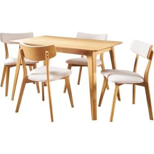 Christopher Knight Home Megann Mid-Century Wood Dining Set with Fabric Chairs, 5-Pcs Set, Natural Oak / Light Beige(Natural Oak / Light Beige)