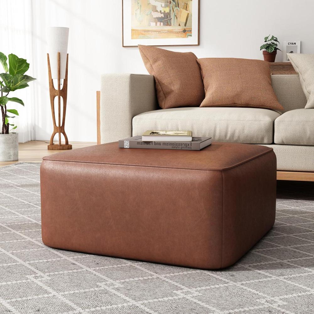image:imageChristopher Knight Home Ellis Faux Leather Ottoman Footstool Square Pouf Poufee Footrest Ottoman Large Seat Modern Side Table for Living Room Bedroom Home Decor Gifts GreenLight Brown