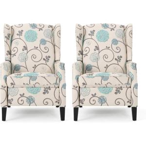 Christopher Knight Home Ellyn Fabric Recliner (Set of 2), Light Beige with Blue Floral, Dark Brown