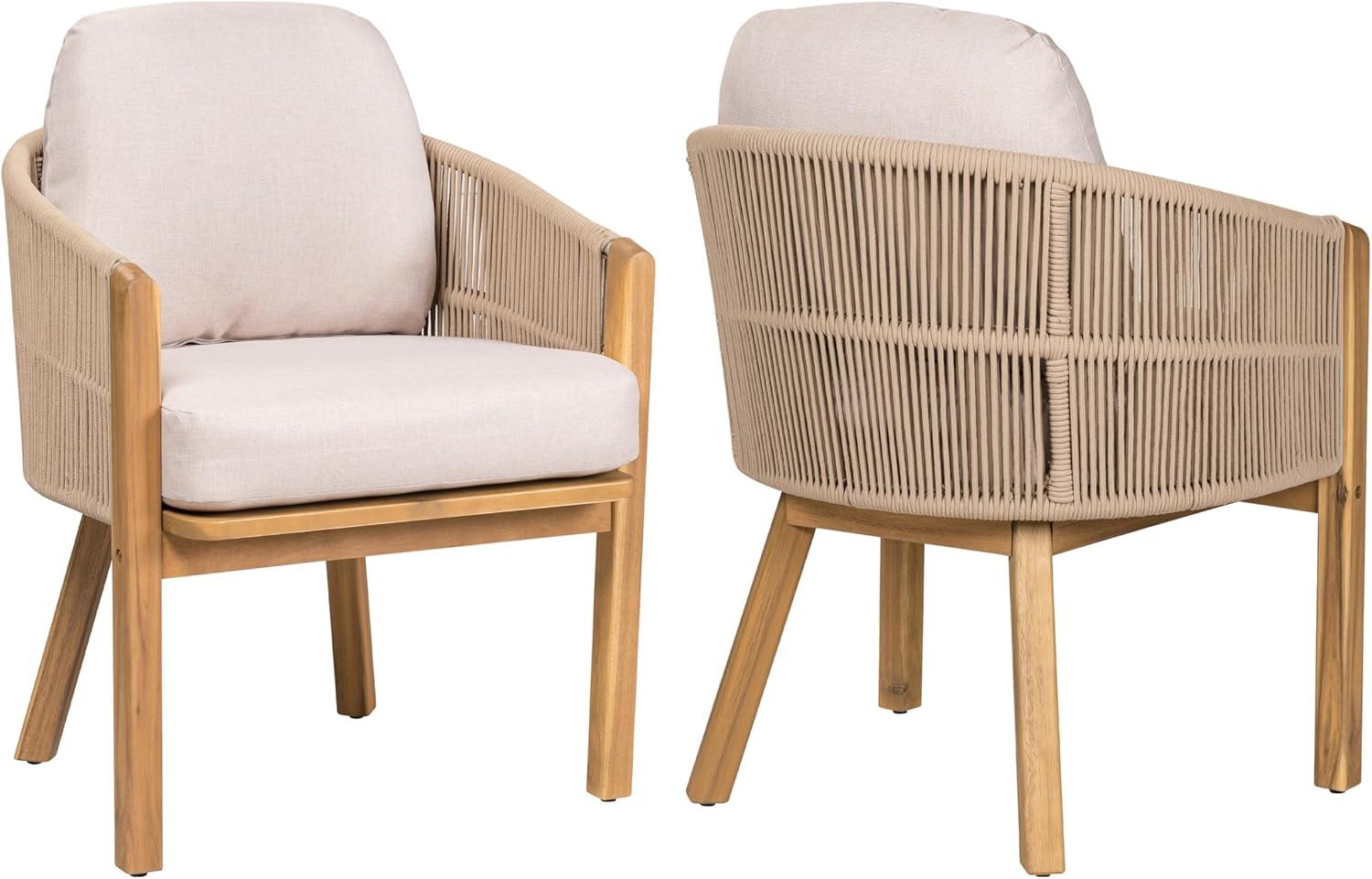 image:imageChristopher Knight Home Grotta Acacia Wood Patio Dining Chairs Set of 2 Wooden Outdoor Dining Armchair Set with Removable Cushions Outdoor Kitchen Side Chair with Woven Rope TeakBeige