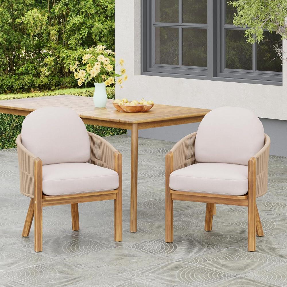 image:imageChristopher Knight Home Grotta Acacia Wood Patio Dining Chairs Set of 2 Wooden Outdoor Dining Armchair Set with Removable Cushions Outdoor Kitchen Side Chair with Woven Rope TeakBeige